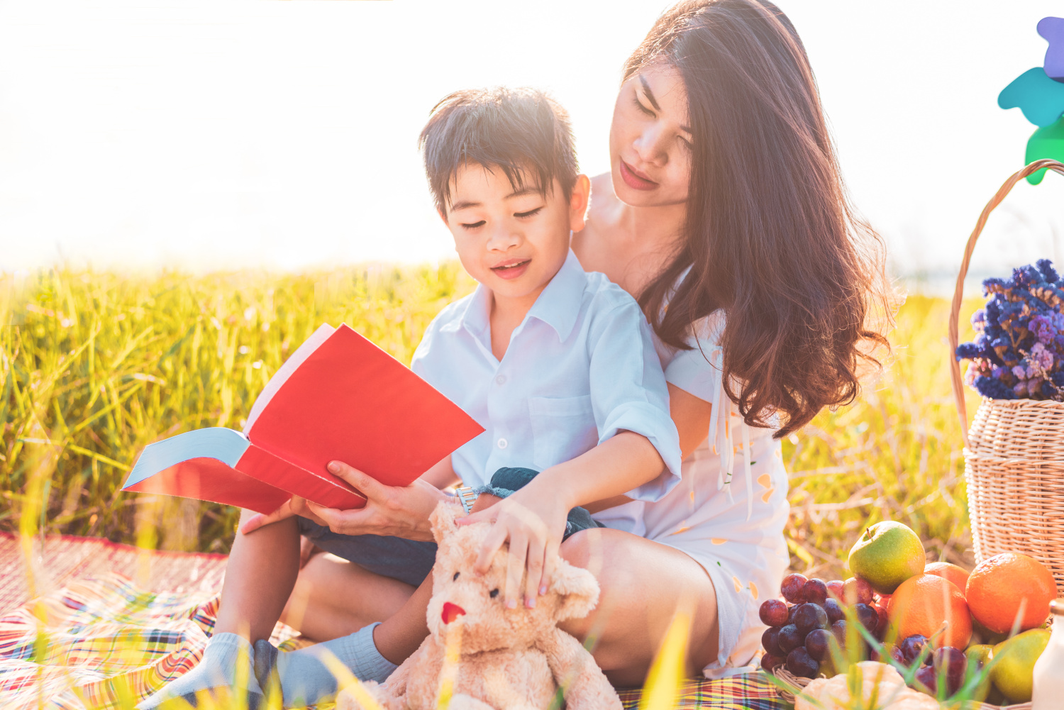 Mother and Child Reading Outside