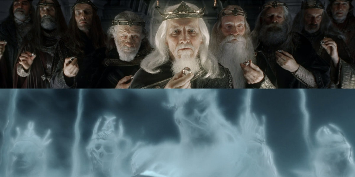 Top: nine rings for the humans; Bottom: the Nazgûl, under the control of Sauron