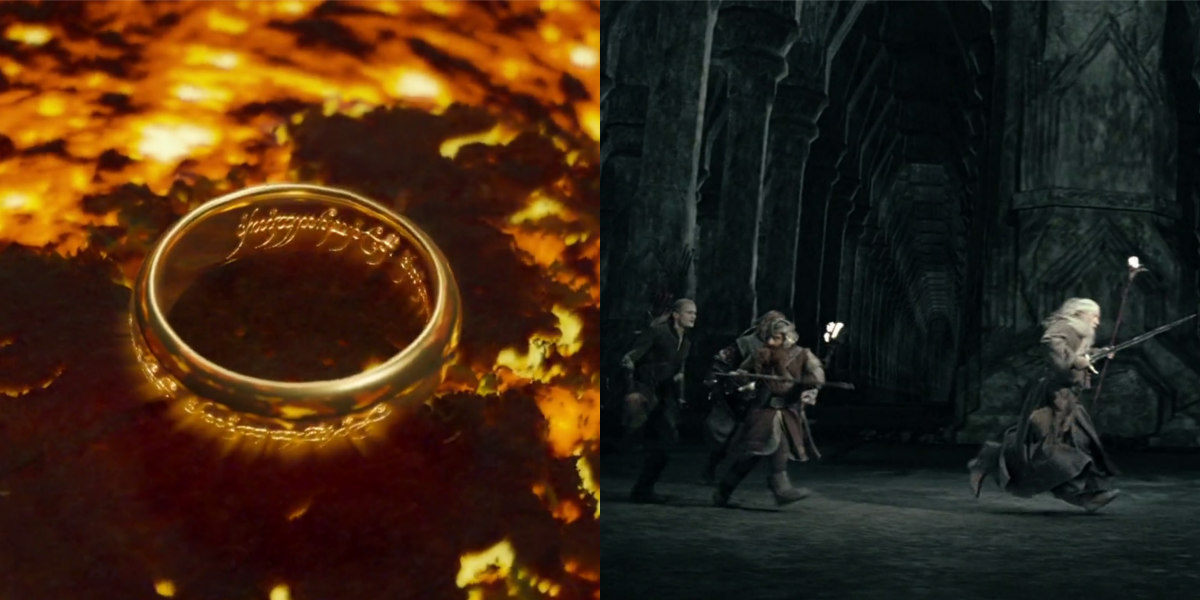 Left: the One Ring being destroyed in Mount Doom; Right: the Fellowship fleeing in the Mines of Moria