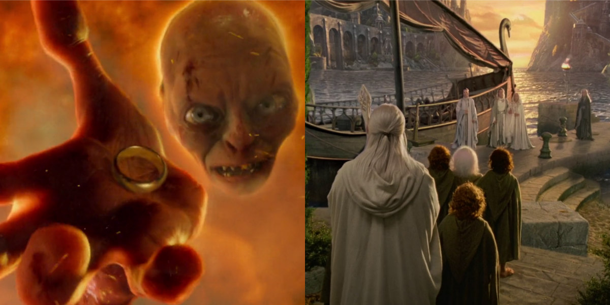 Left: Gollum tries to save the One Ring; Right: the Grey Havens in Lindon, with Círdan at the far right