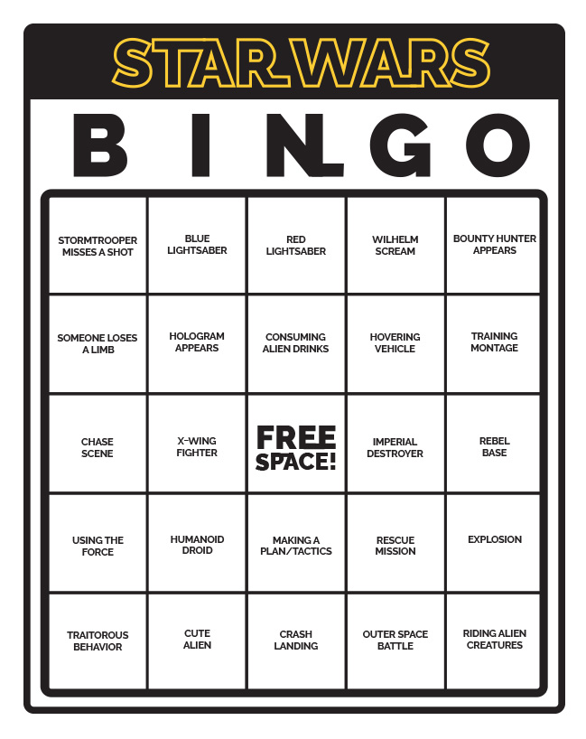 Star Wars bingo card