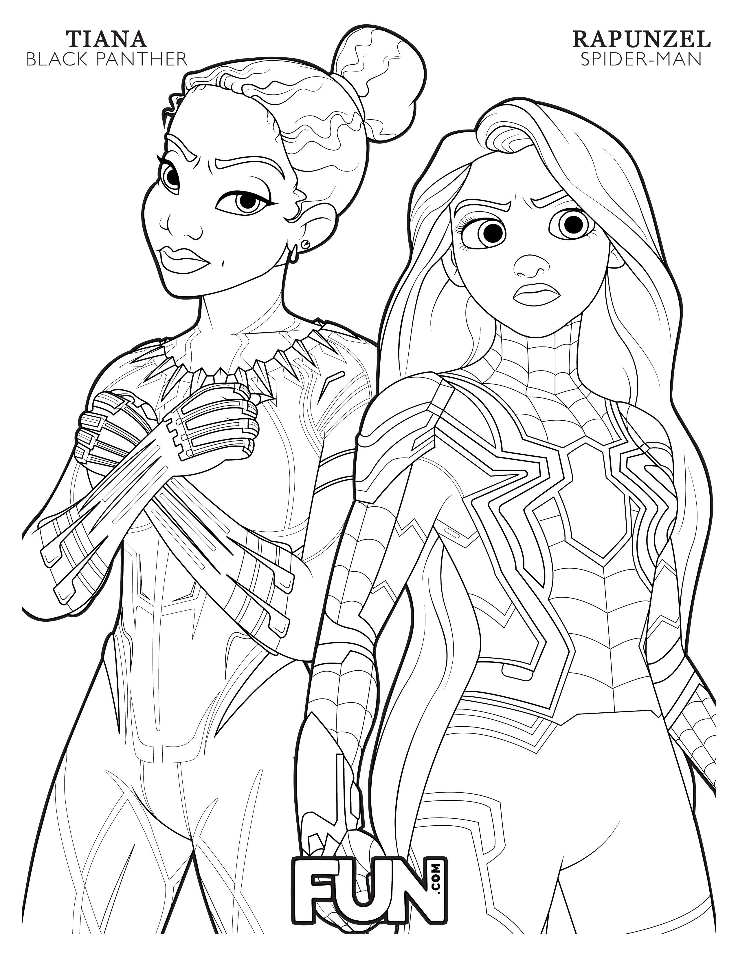 Tiana Black Panther and Rapunzel Spider-Man Coloring Page