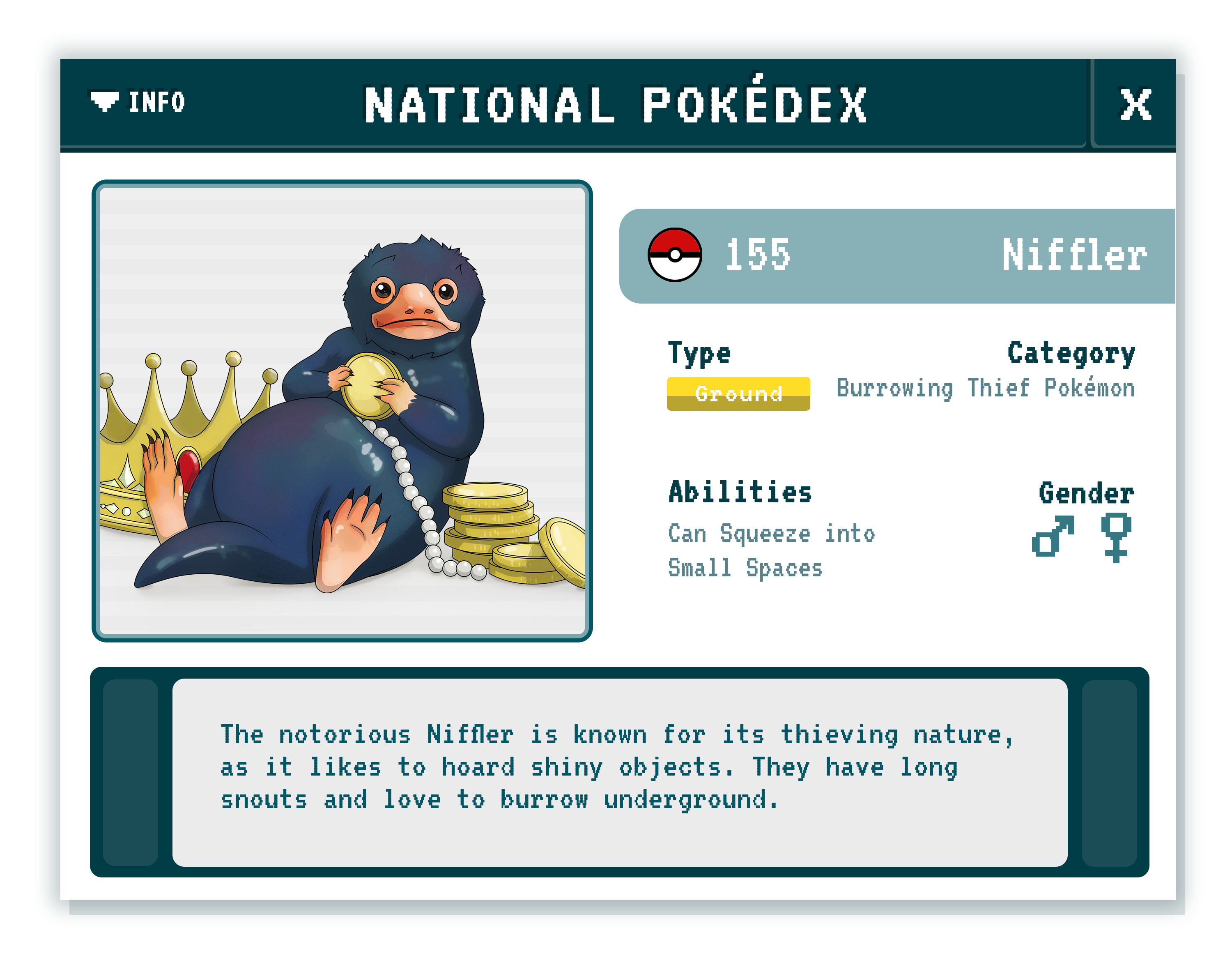 Niffler Pokédex (Fantastic Beasts/Pokémon Mashup)