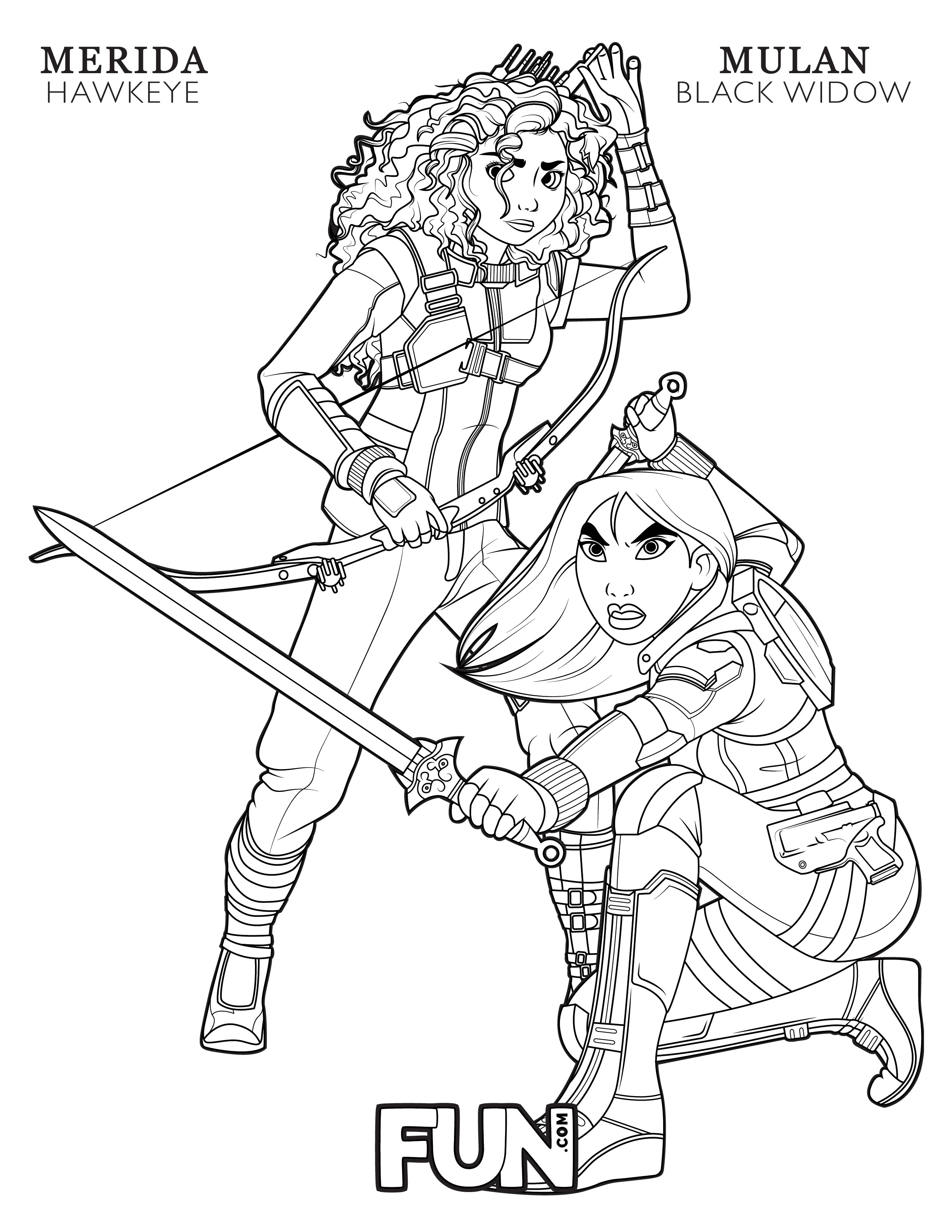 Merida Hawkeye and Mulan Black Widow Coloring Page