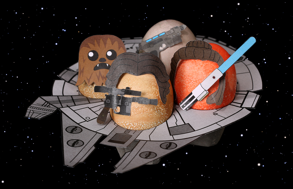 Chewbacca, Han Solo, Finn, and Rey as Star Wars Easter Eggs