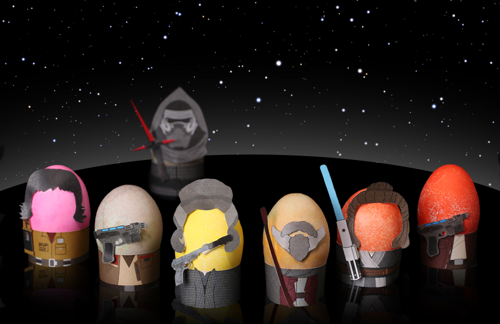 Rose Tico, Finn, Leia Organa, Luke Skywalker, Rey, and Poe Dameron with Kylo Ren as Star Wars Easter Eggs