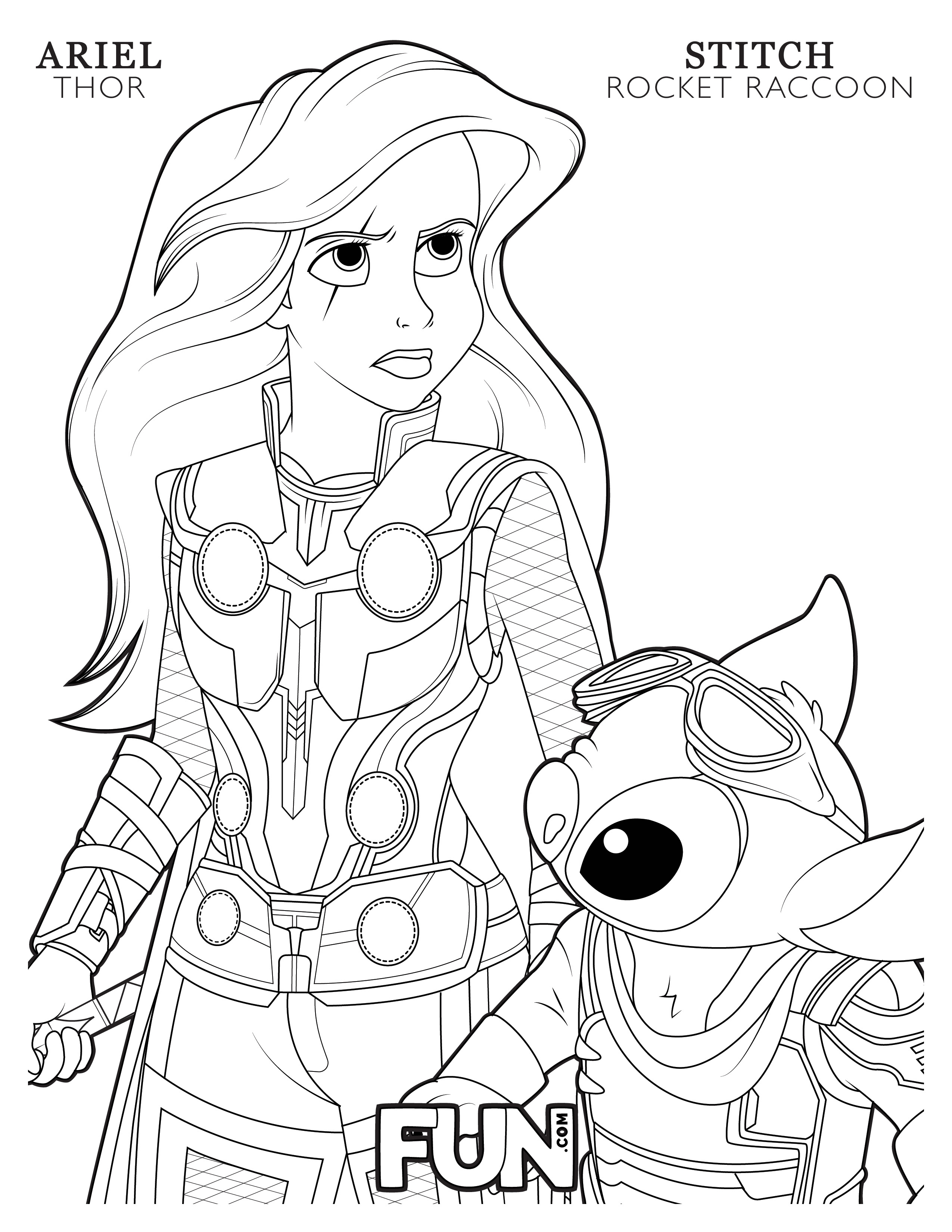 Ariel Thor and Stitch Rocket Raccoon Coloring Page