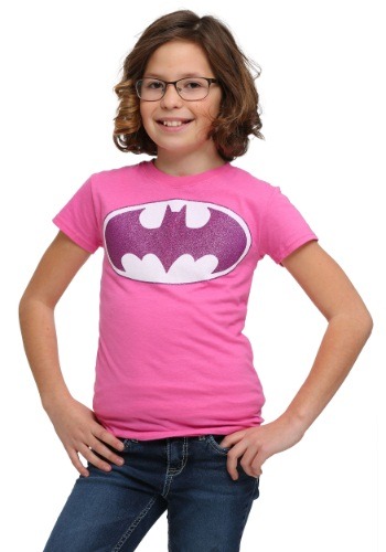 Girls Pink Batman Glitter Logo T-Shirt