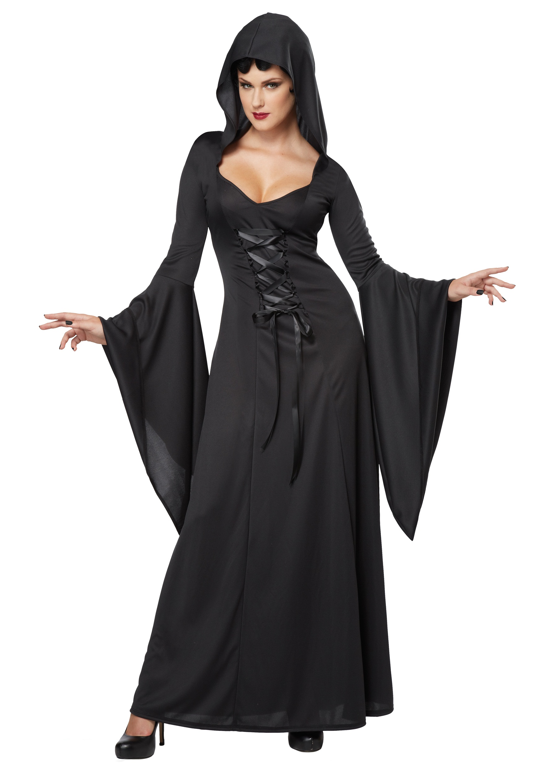 Womens Hooded Black Lace Up Robe