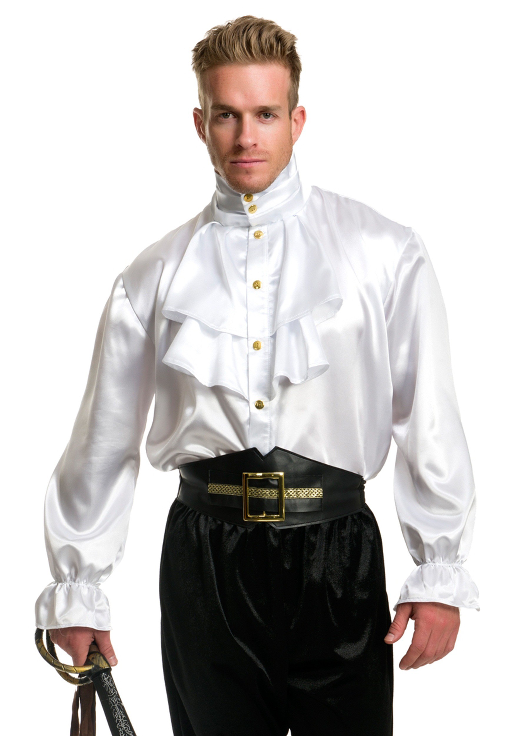 Men's White Satin Ruffle Shirt For Adults