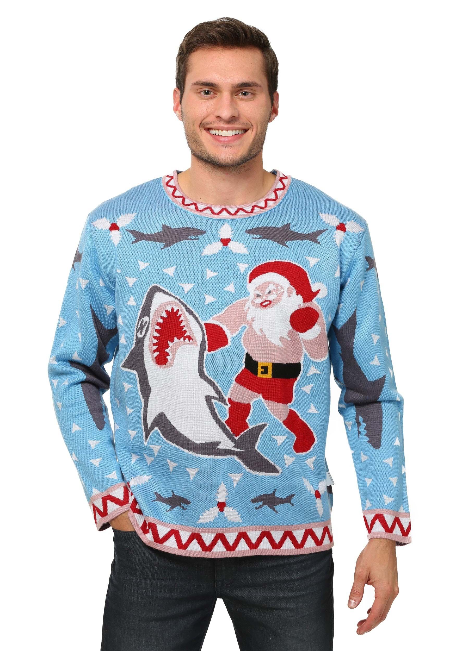 Men's Santa vs Shark Ugly Christmas Sweater | Adult | Mens | Blue/Red/Gray | 4X | FUN Wear