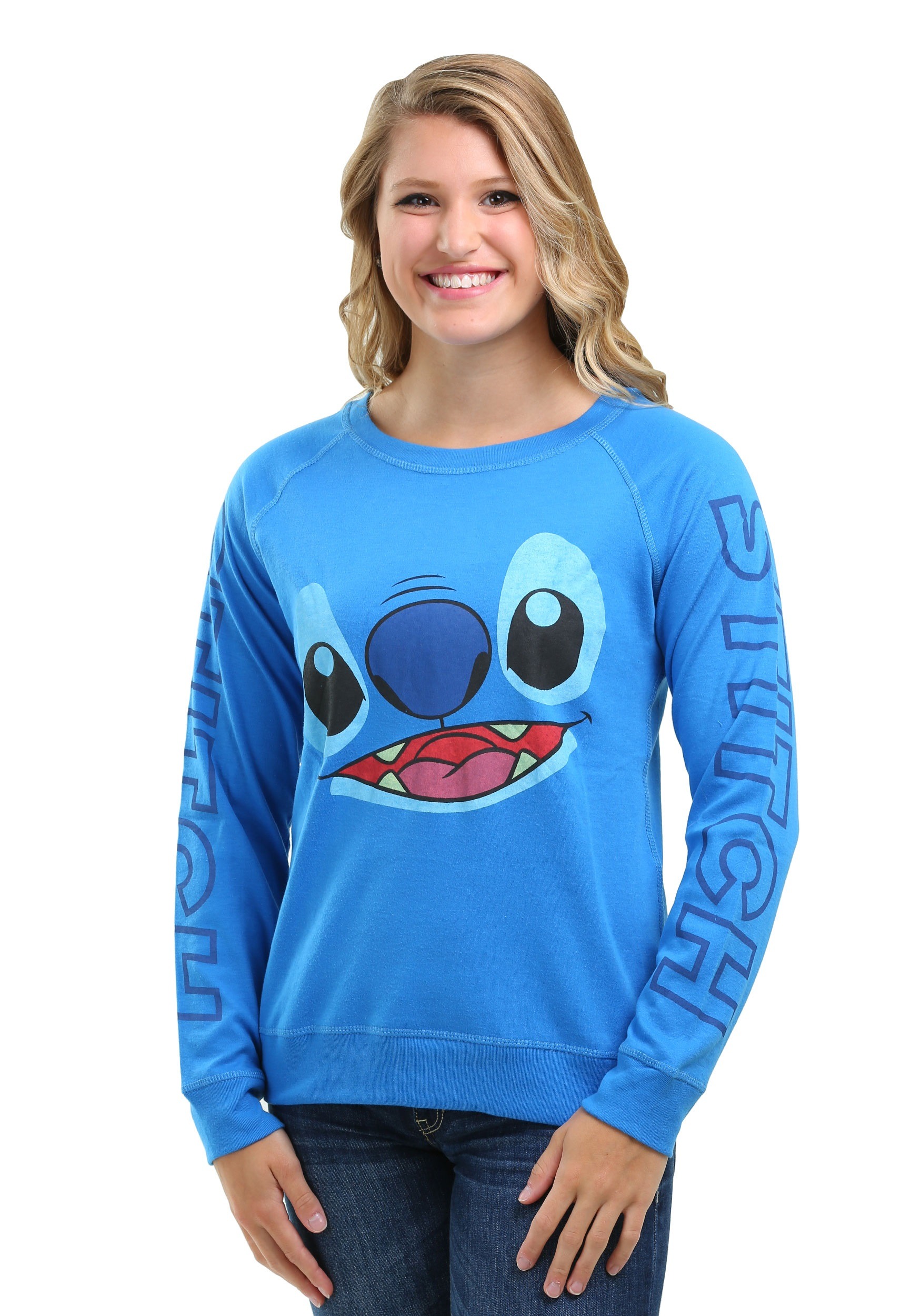 Stitch Big Face Sleeve Print Crew Sweatshirt for Juniors