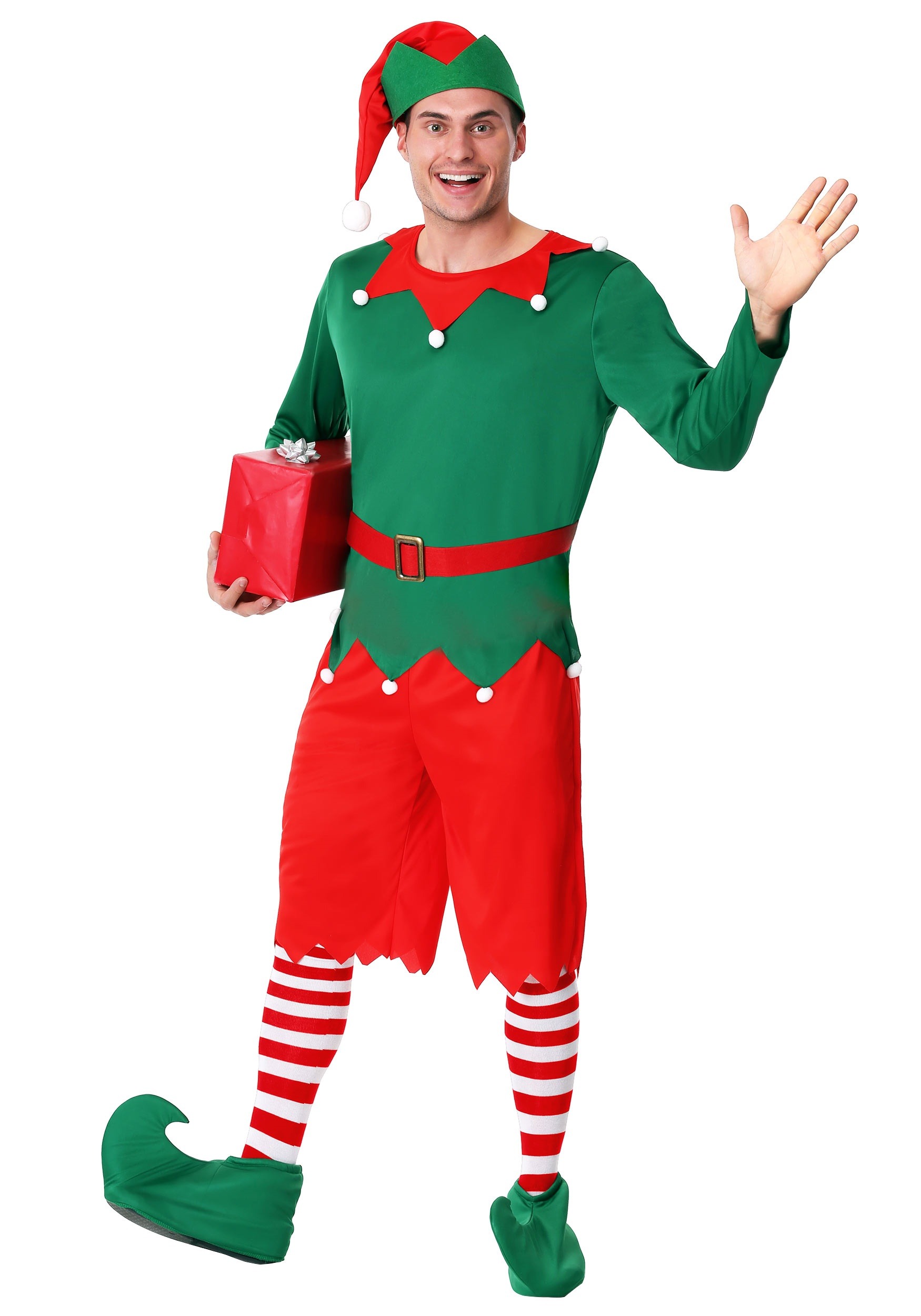 ADULT MENS ELF COSTUME HOLIDAY CHRISTMAS SANTA'S HELPER RED GREEN HAT BELT PANTS 