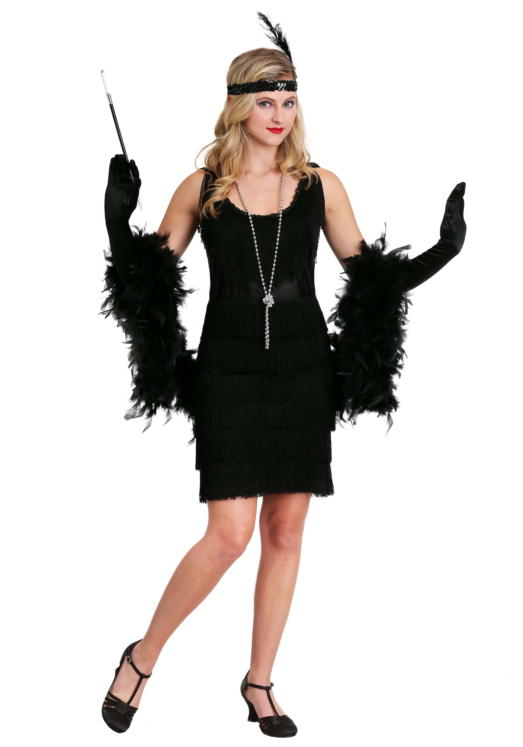 Black Fringe 1920s Flapper Costume For Women , Women's Flapper Costumes