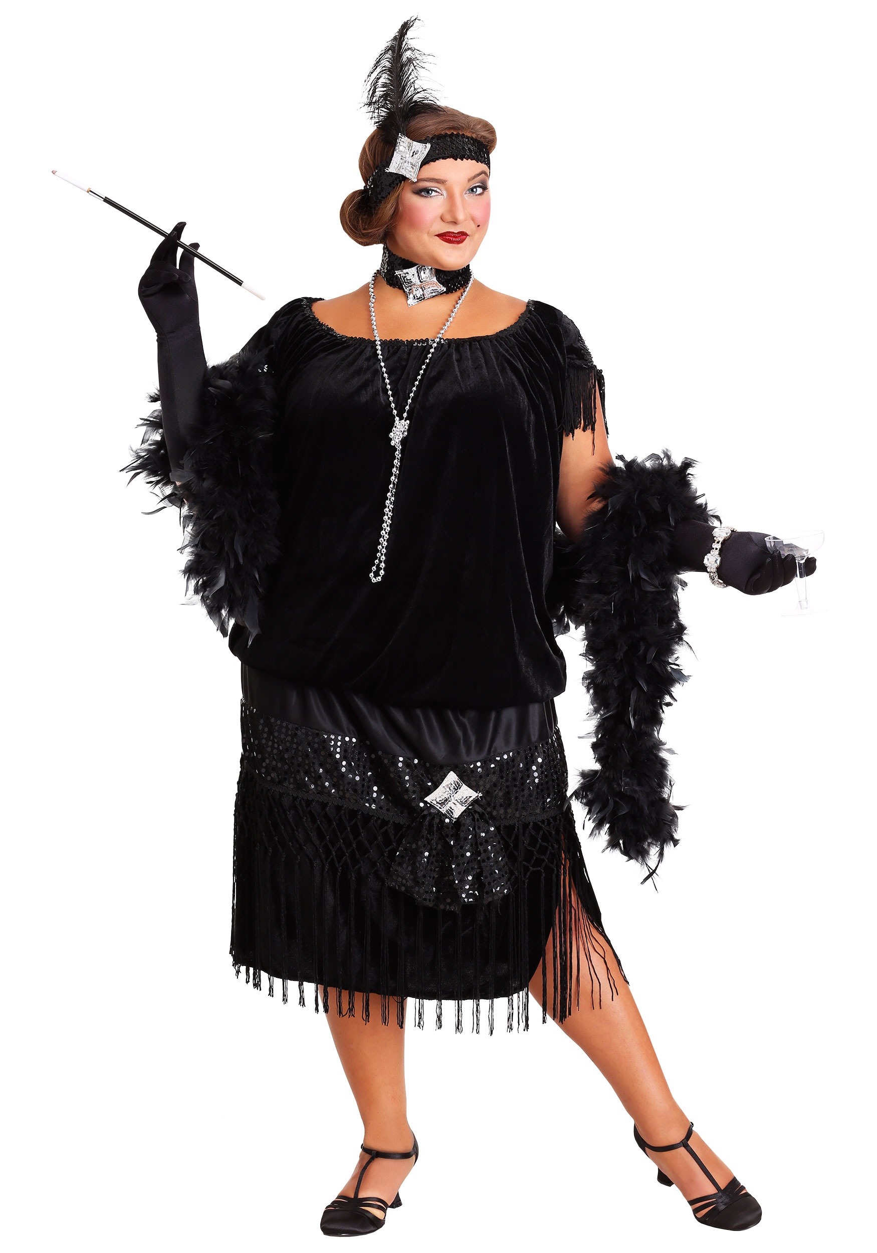 Deluxe Black Flapper Plus Size Costume Women 20s Decade Costumes