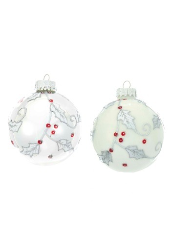 White & Silver Holly Branch Glass Ball Ornament 6 Piece Set