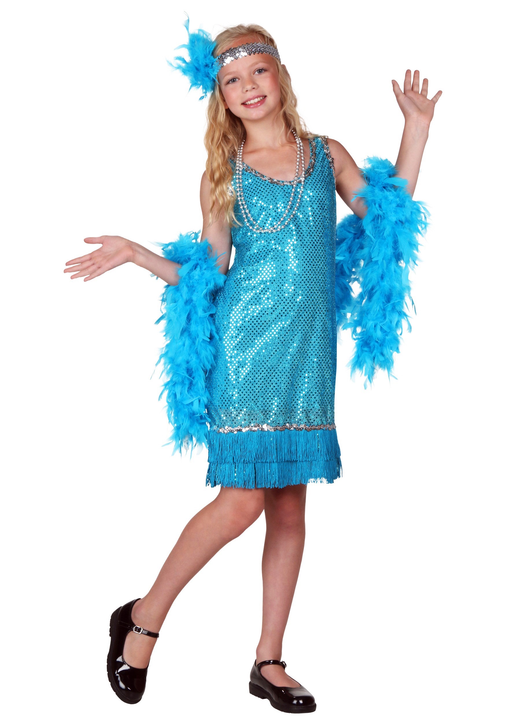 Turquoise Sequin and Fringe Flapper Costume For Kids