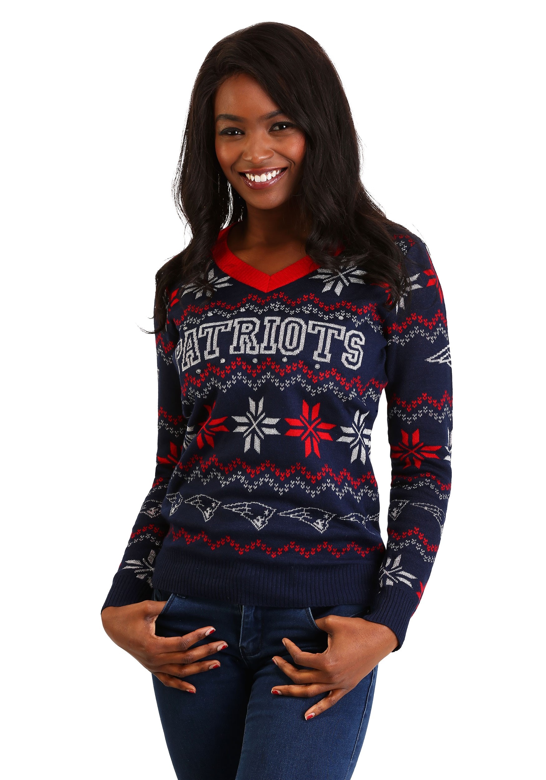 New England Patriots Womens Light Up V-Neck Bluetooth Ugly Christmas Sweater