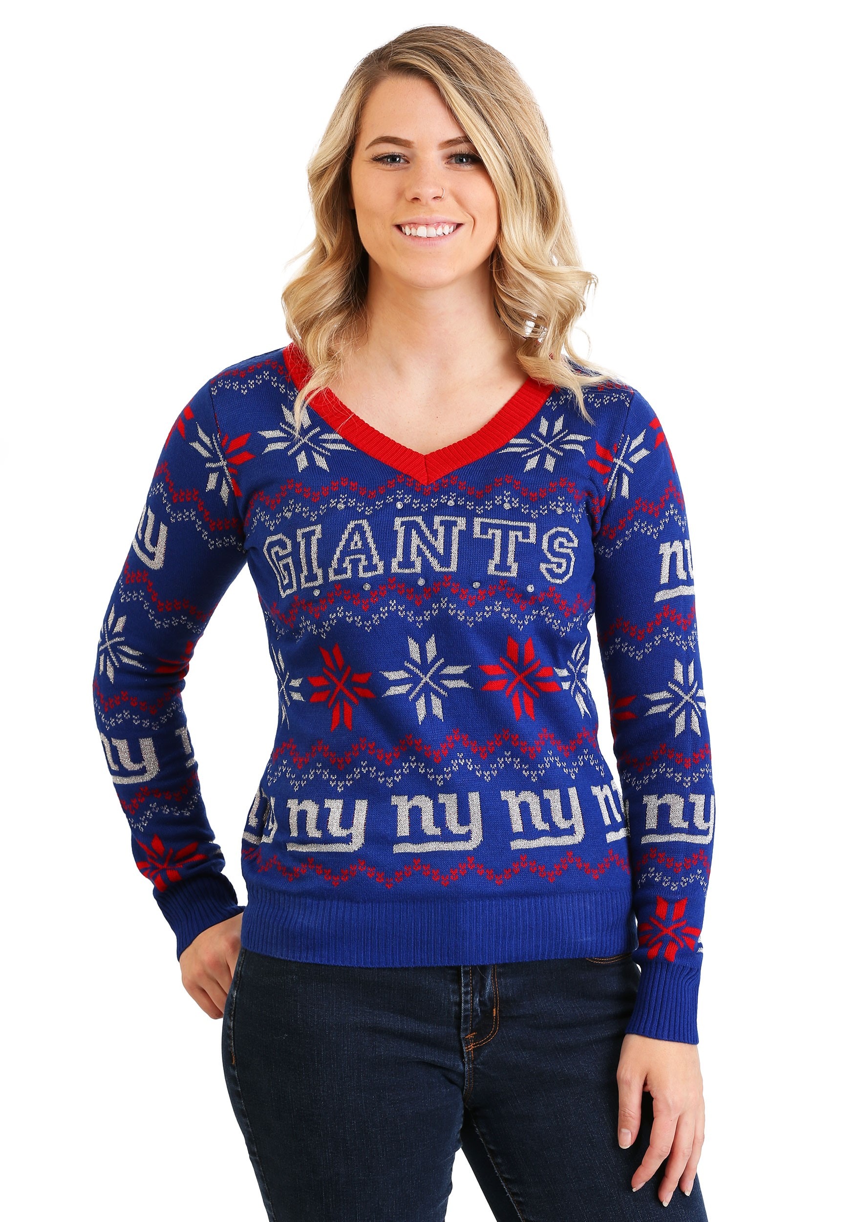 Womens New York Giants Light Up V-Neck Bluetooth Sweater