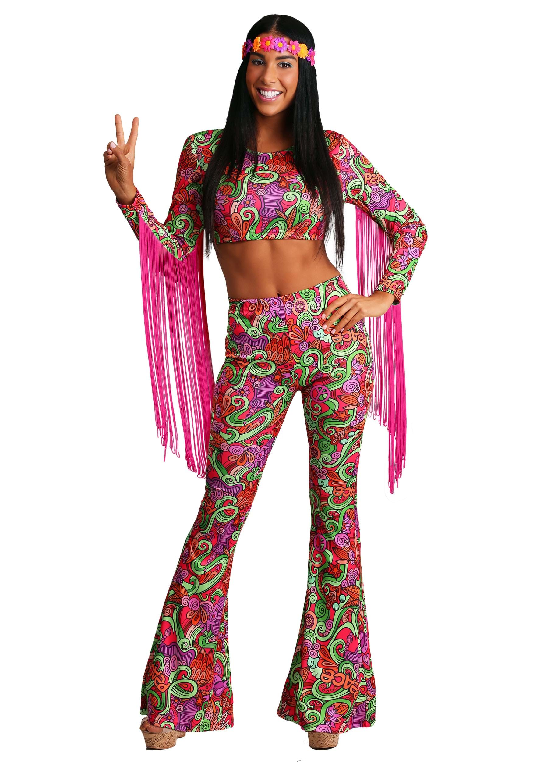 Photos - Fancy Dress Peace FUN Costumes World  Hippie Women's Costume Green/Pink/Orange 