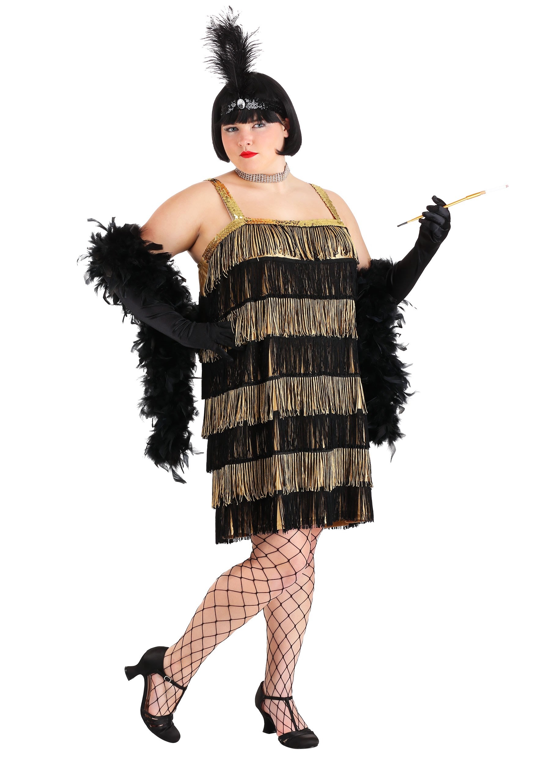 Gold And Black Fringe Flapper Plus Size Costume For Women 8000