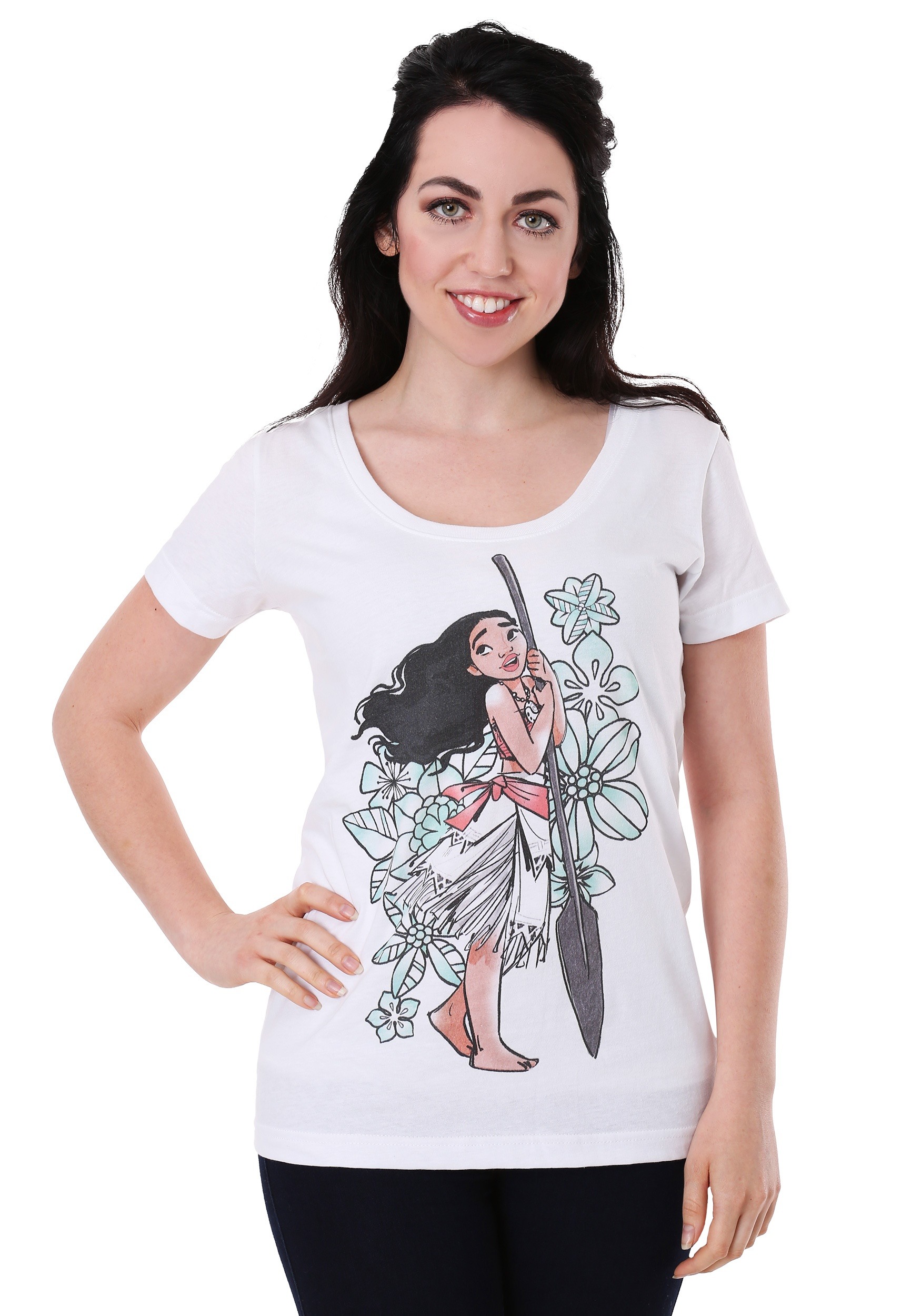 Disneys Moana Tropical Floral Print White Scoop Neck Womens T-Shirt