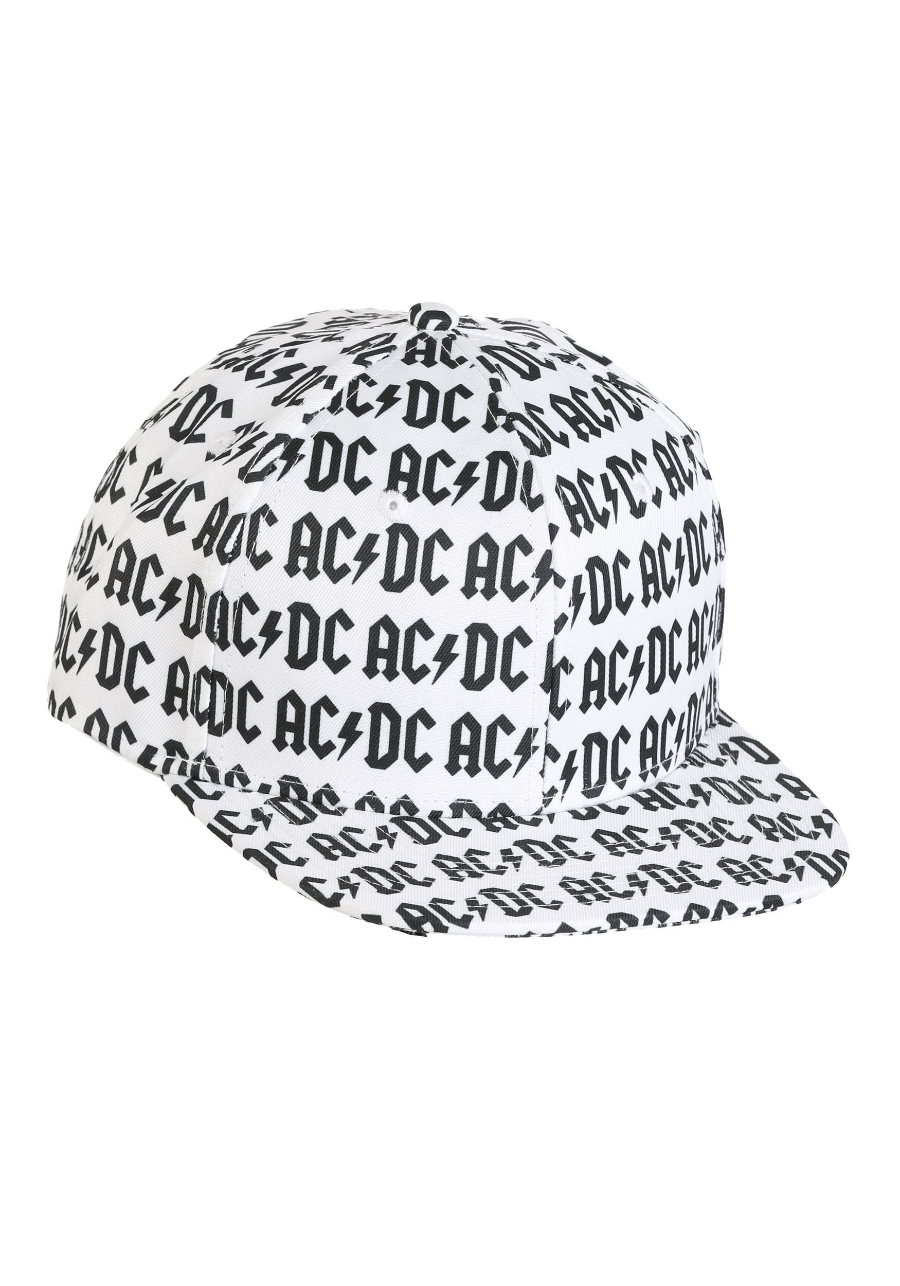 AC/DC Allover Print White Flatbill Snapback Hat for Adults