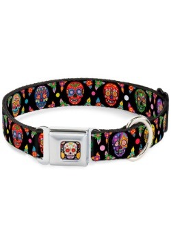 Sugar Skull Multi-Color Seatbelt Buckle Dog Collar- 1" Wide