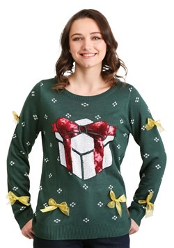 Tipsy Elves Women's Sequin Green Present Sweater