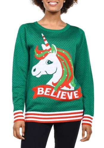 Tipsy Elves Womens Believe Unicorn Ugly Christmas Sweater-up