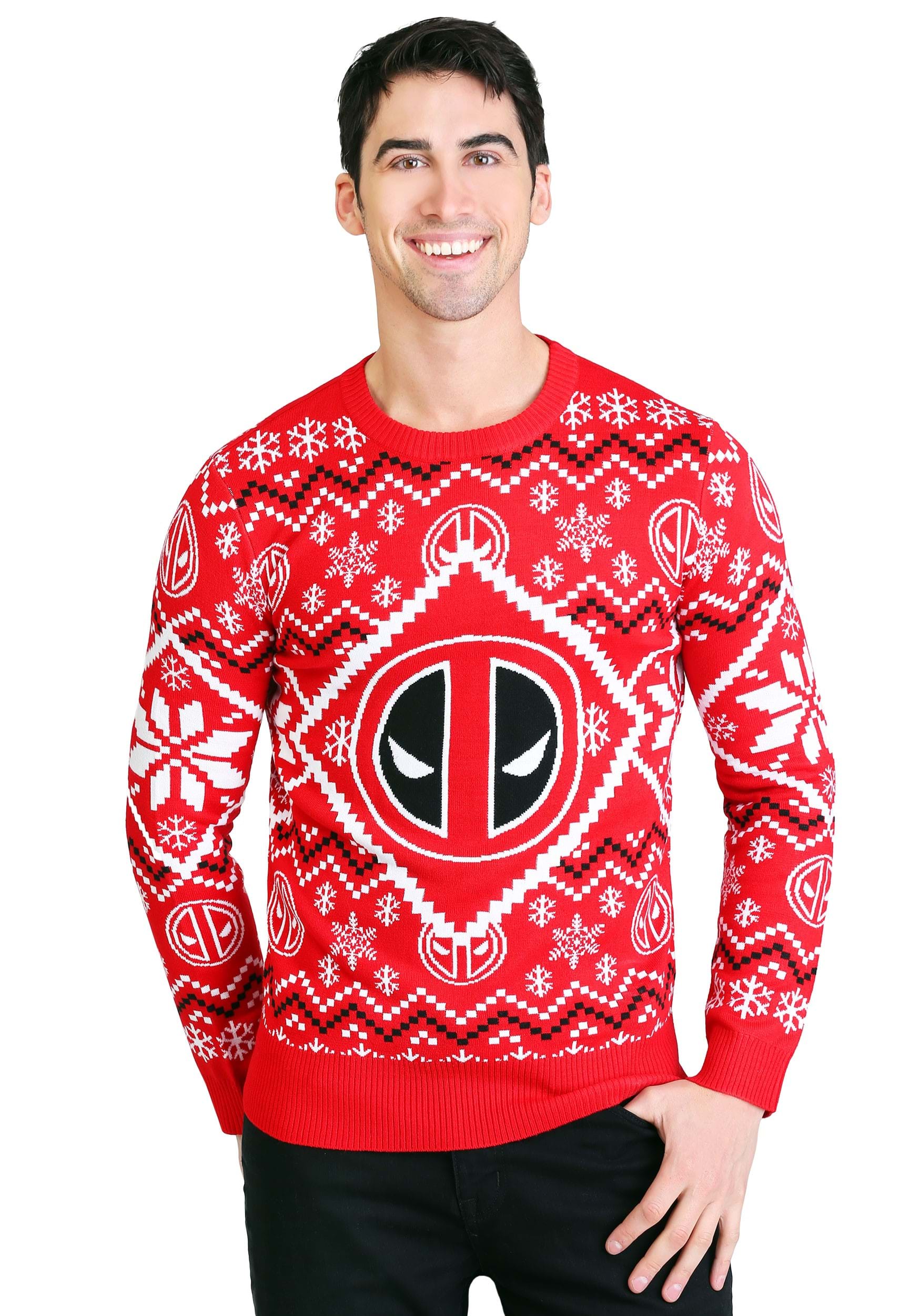 Adult Deadpool Icon Red and White Intarsia Knit Ugly Christmas Sweater