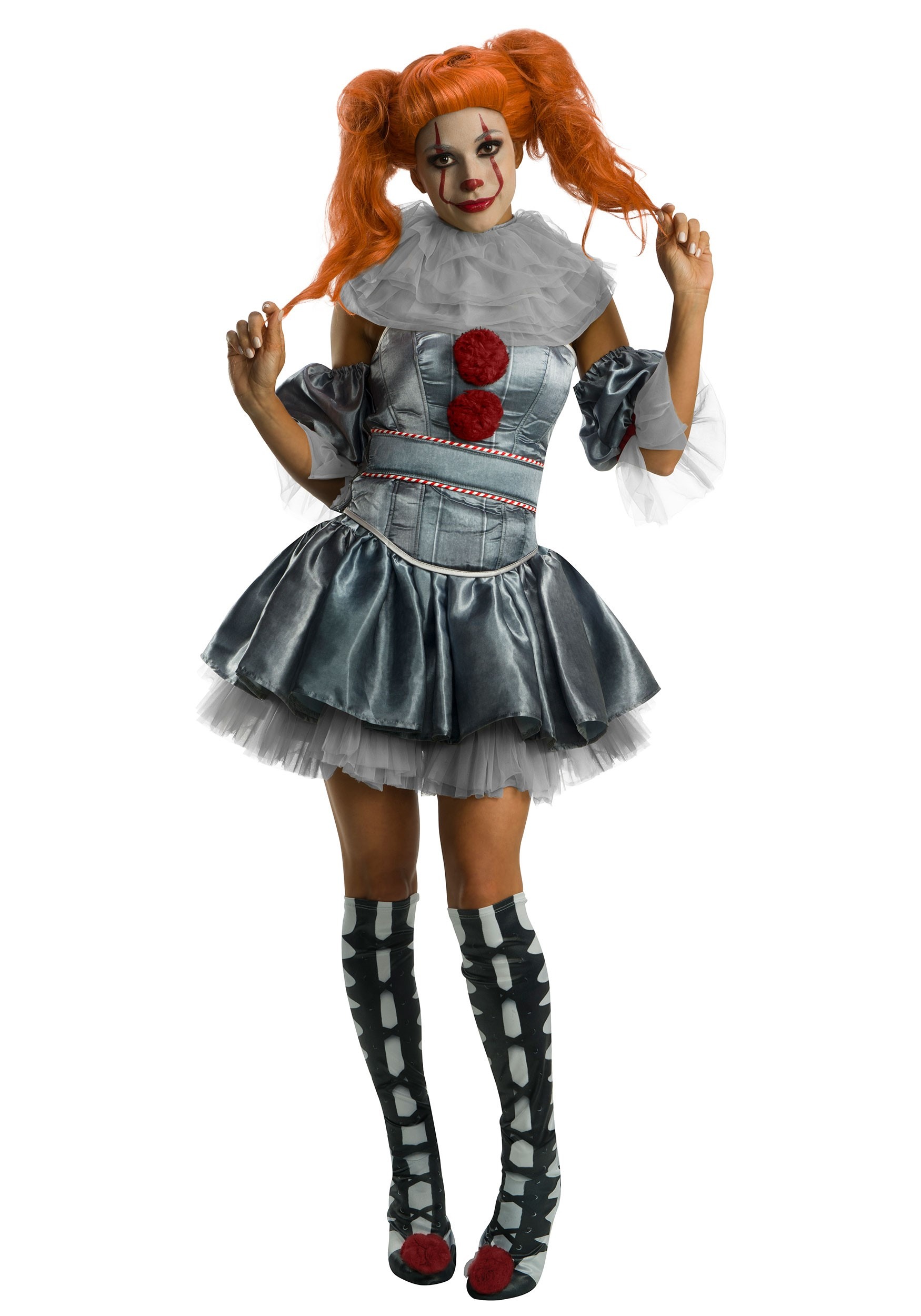 Ladies Womens Pennywise Costume Cosplay Scary Clown Halloween Dress w/ Wig 