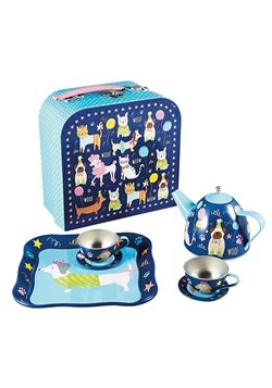 Pets Print Dogs and Cats 7 Piece Tin Tea Set in Case