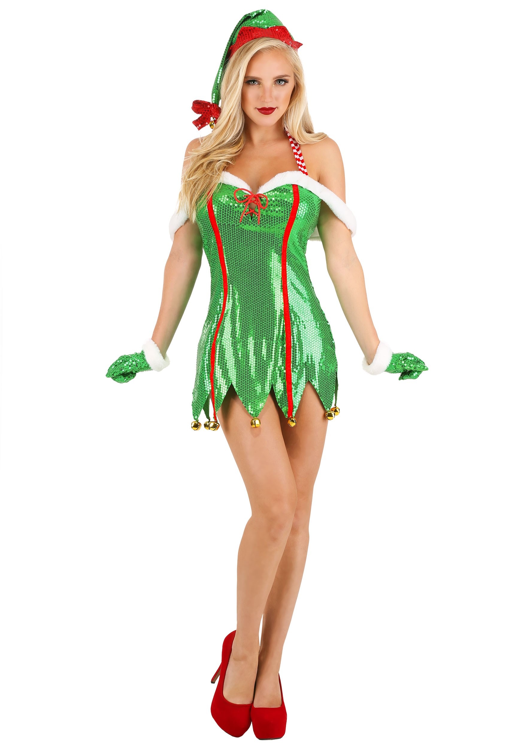 Exclusive Womens Sexy Green Glitter Elf Costume