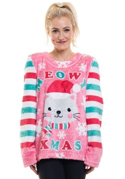 Womens Cat Meowy Xmas Ugly Fleece Pullover