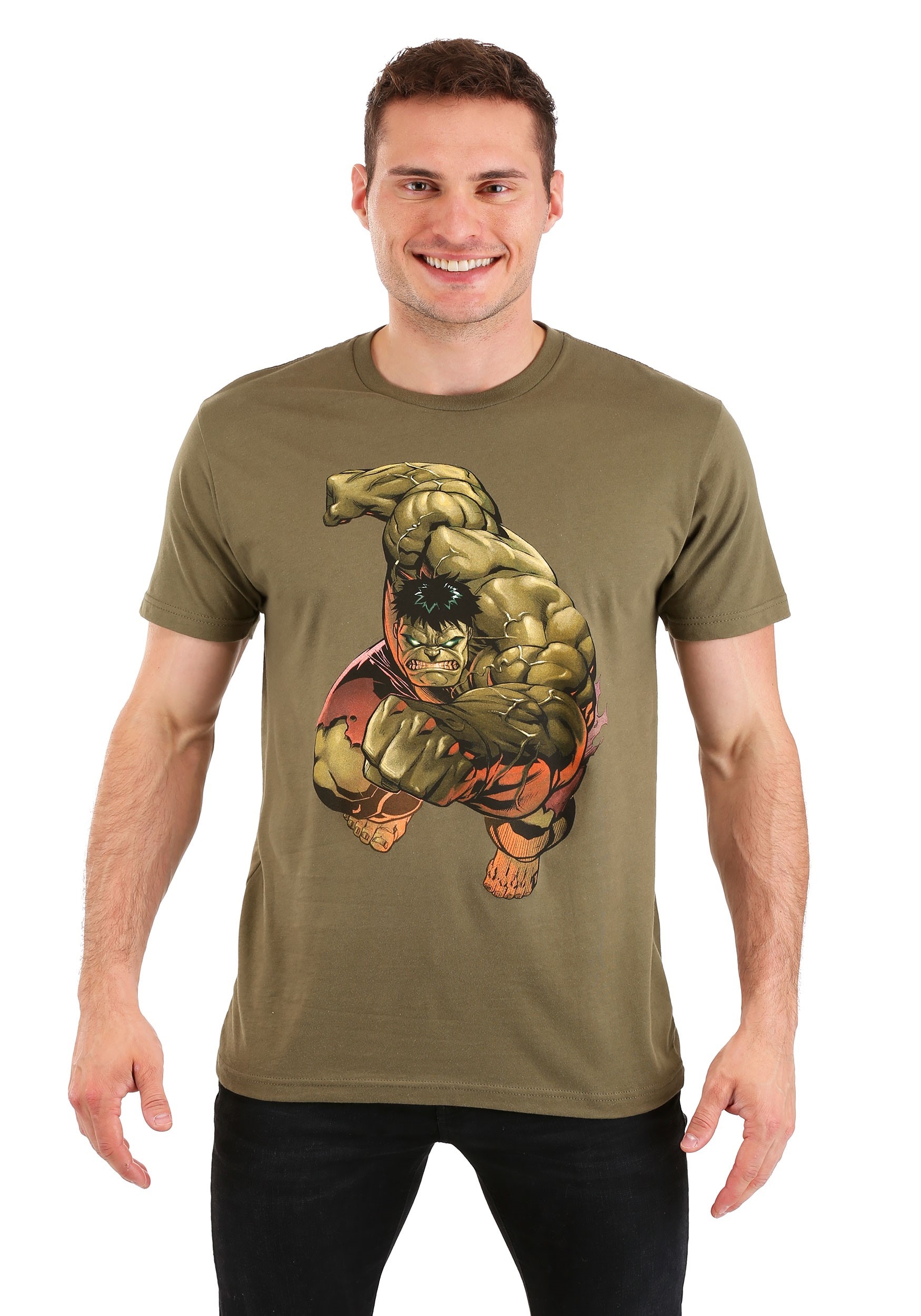 Olive Green Mens Incredible Hulk Punch T-Shirt