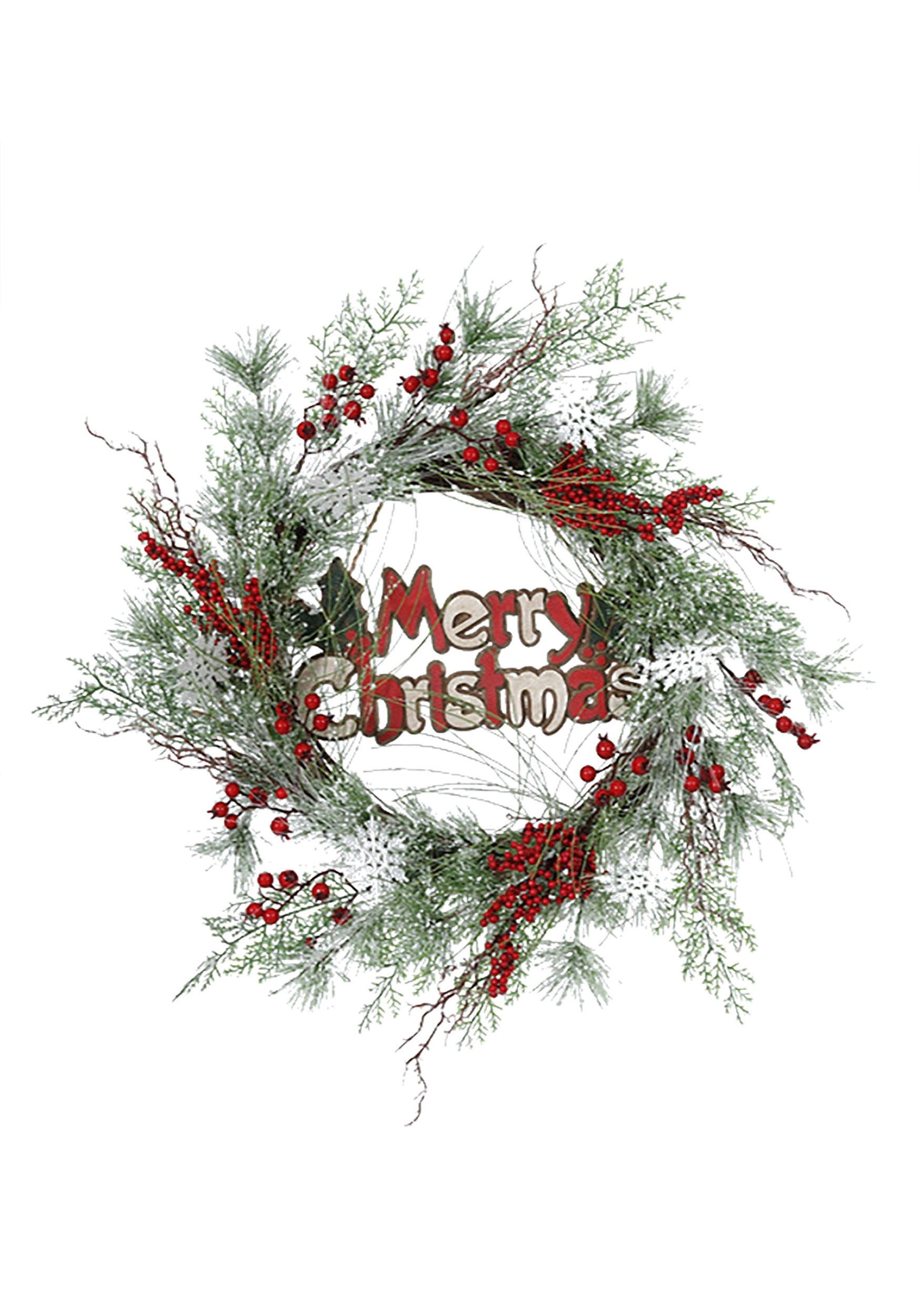 24 Inch Merry Christmas Snowflake & Pine Wreath