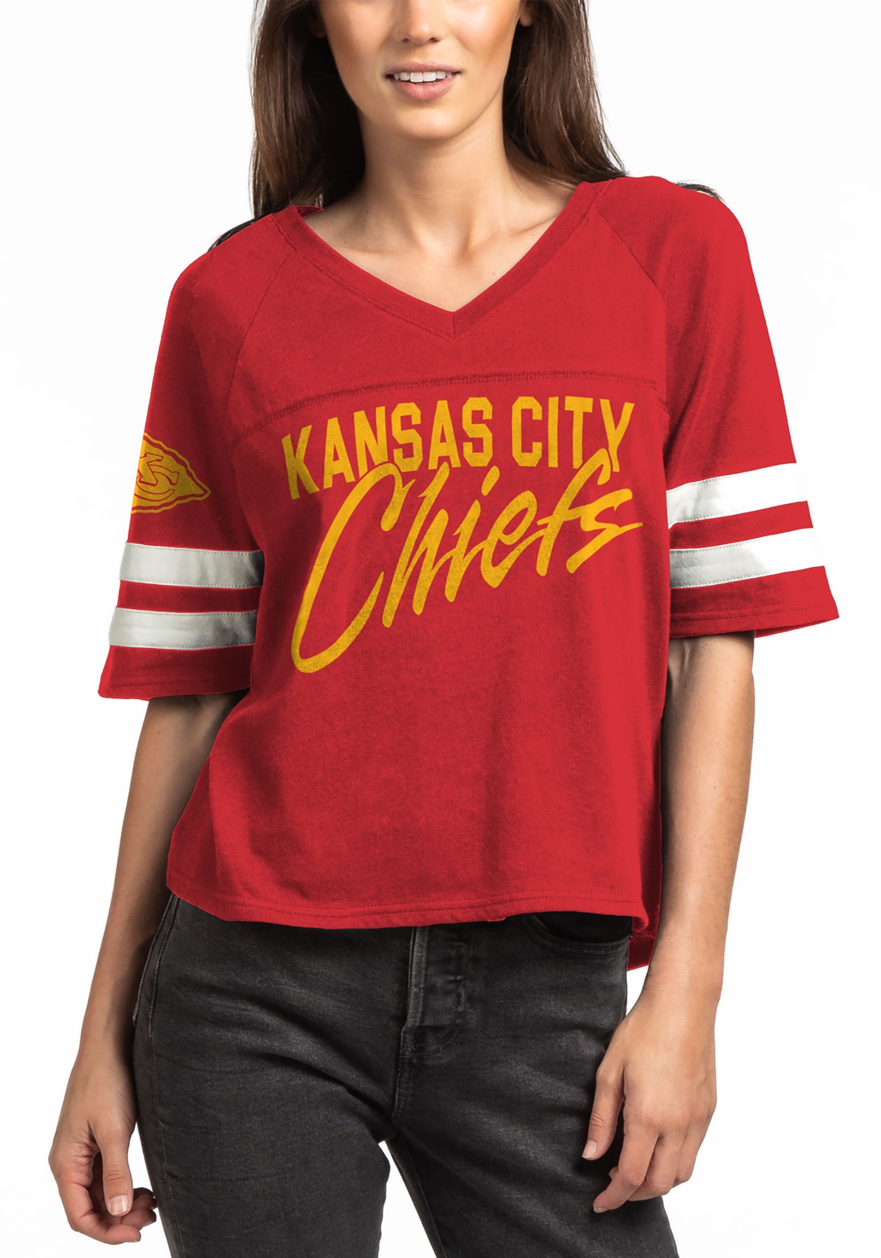 Women's G-III Sports Red Kansas City Chiefs Post Season Long Sleeve V-Neck T-Shirt