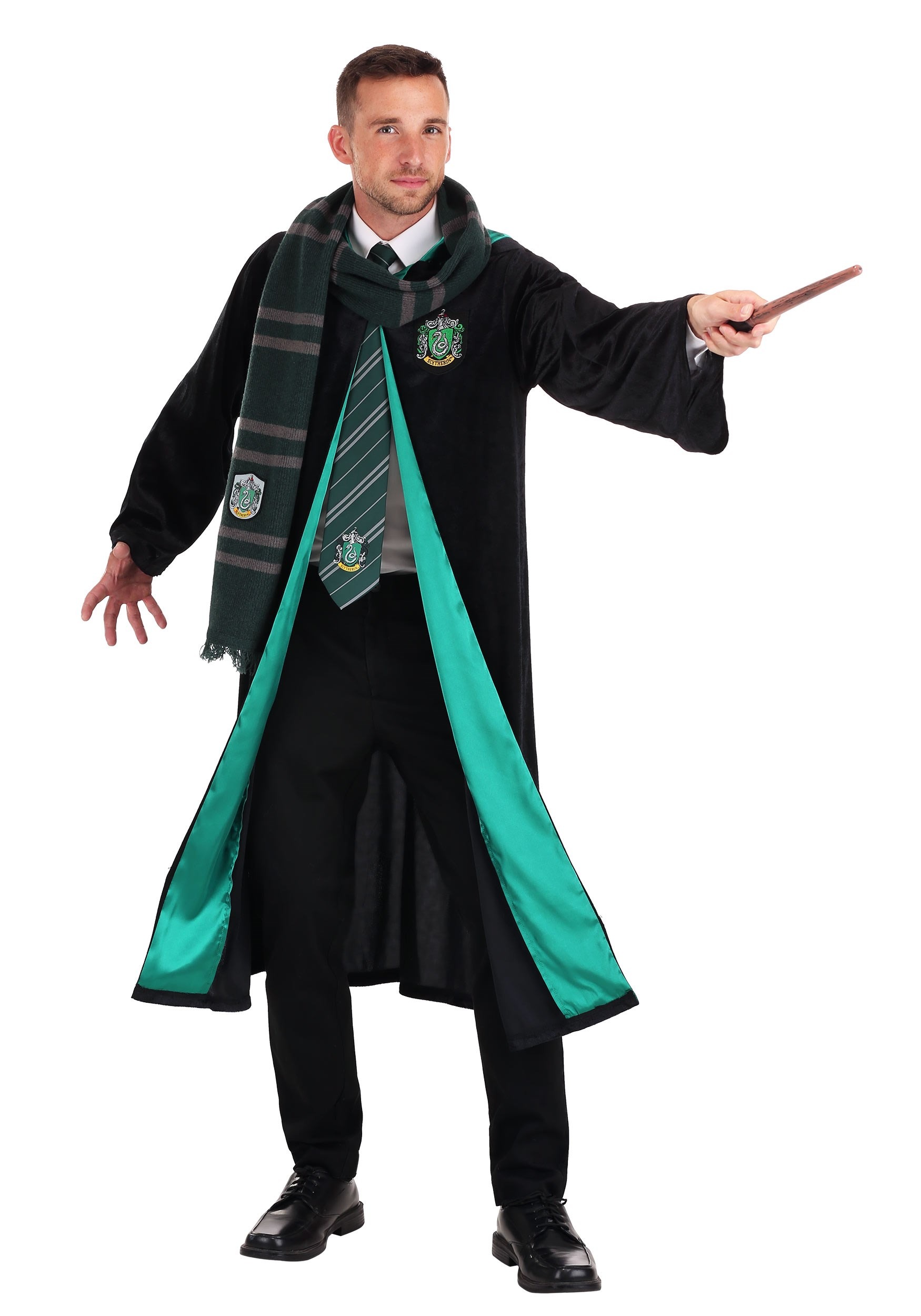 Harry Potter Slytherin Costume Black and Green Long Robe with Hood 