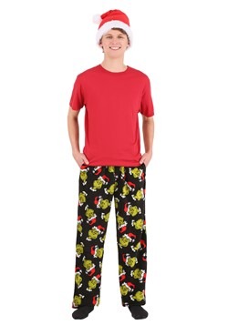 Mens Sneaky Grinch Plush Lounge Pants with Santa Hat 1