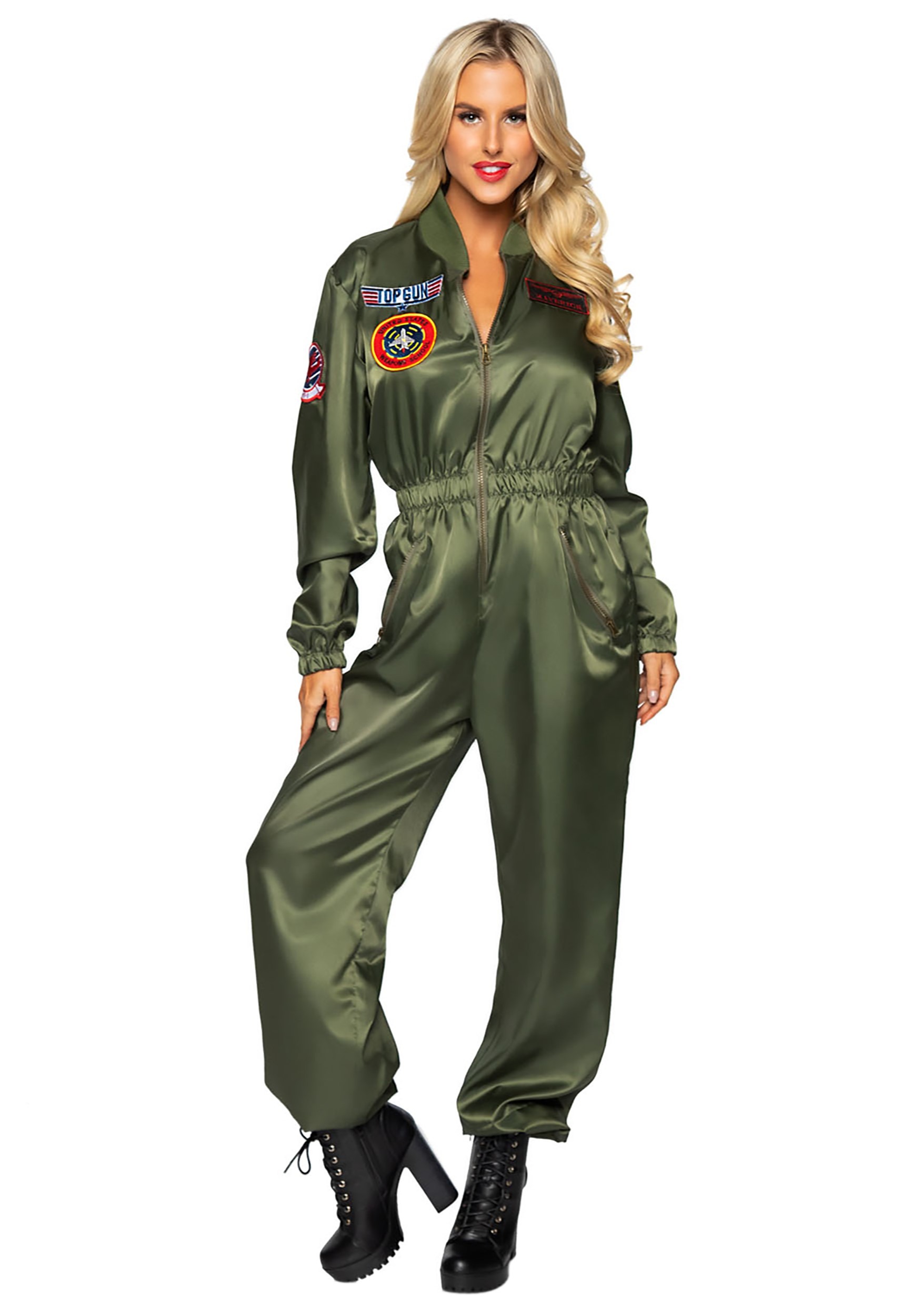Women's Licensed Top Gun Khaki Jet Fighter Pilot Jumpsuit Costume & Free Dog Tag 