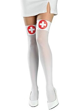 Womens White Nurse Thigh High Stockings