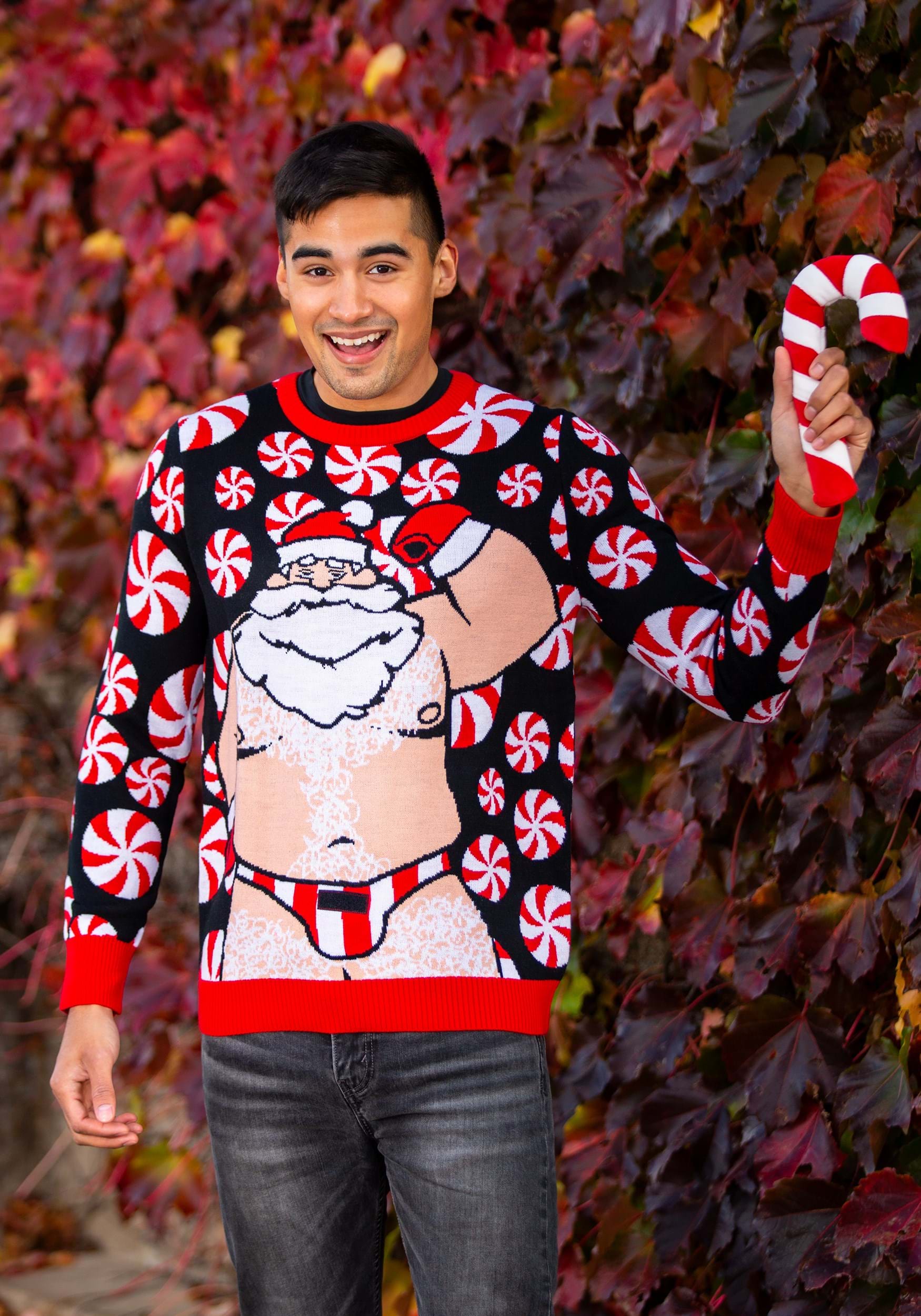 Ugly Christmas Sweater Santa Candy Cane | Adult | Mens | Black/Red/White | 3X | Fun Wear