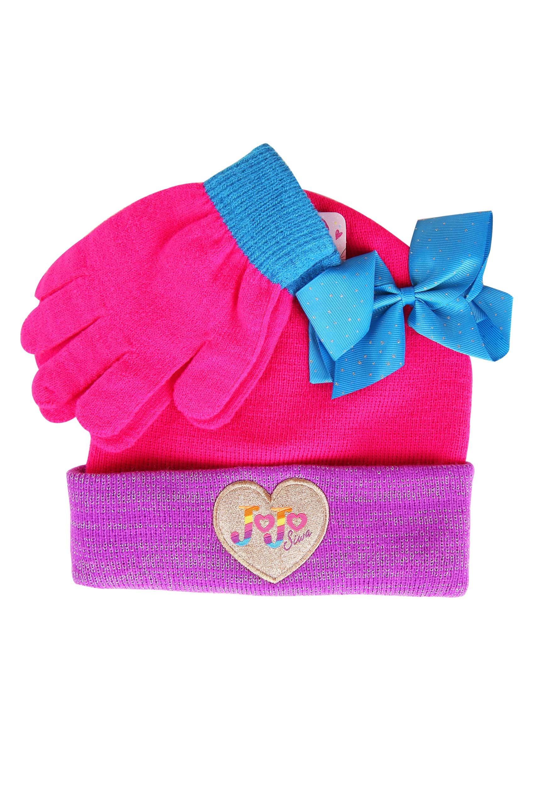 2 Pc JoJo Siwa Kid’s Winter Hat and Snow Gloves for Girls and Toddlers Set Cute and Warm Outdoor Wear with Pom Pom Beanie 