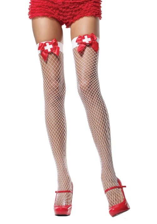 Womens White Fishnet Thigh High Nurse Stockings