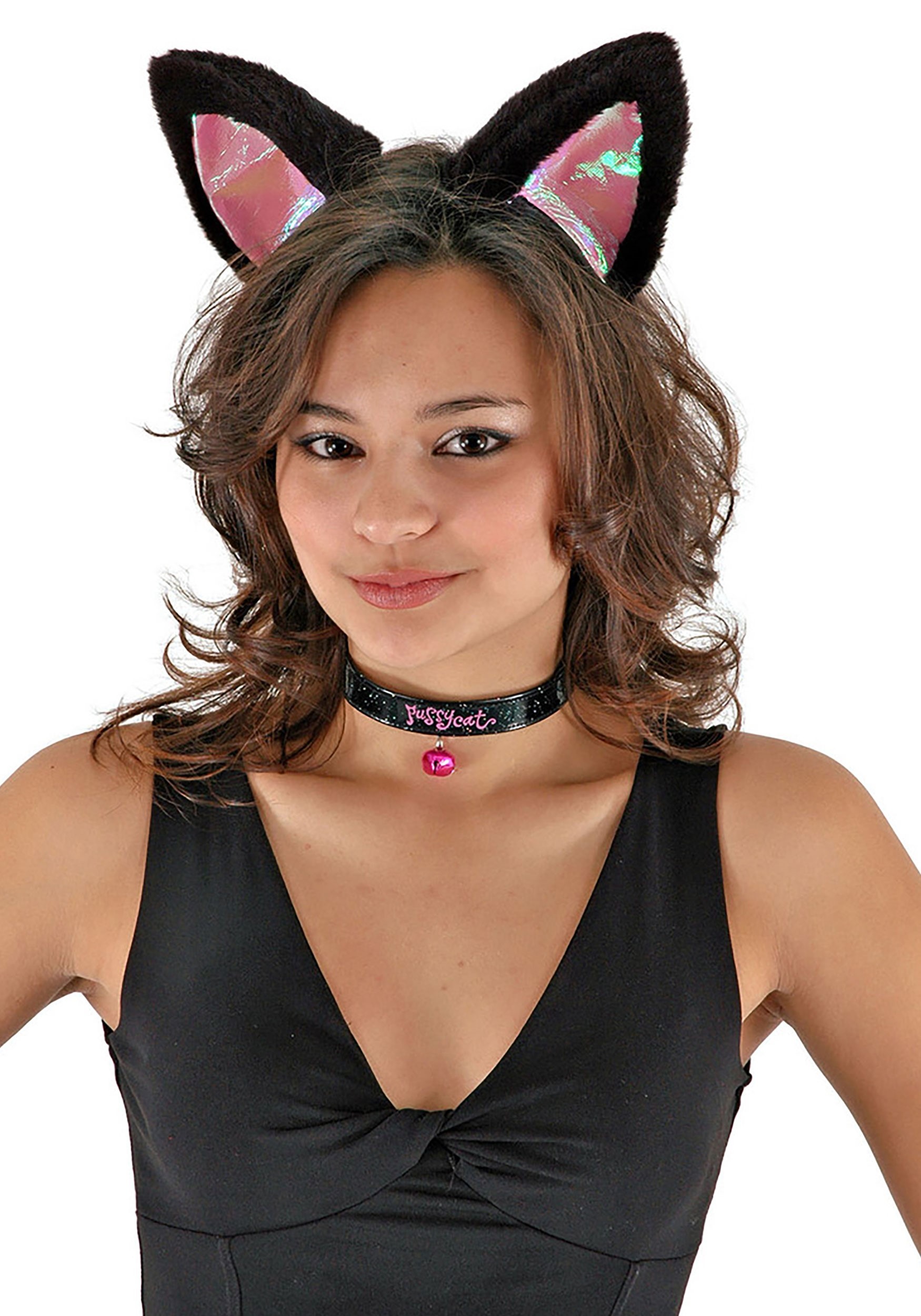 Cat Ears Collar Headband & Tail Kit Black & Pink