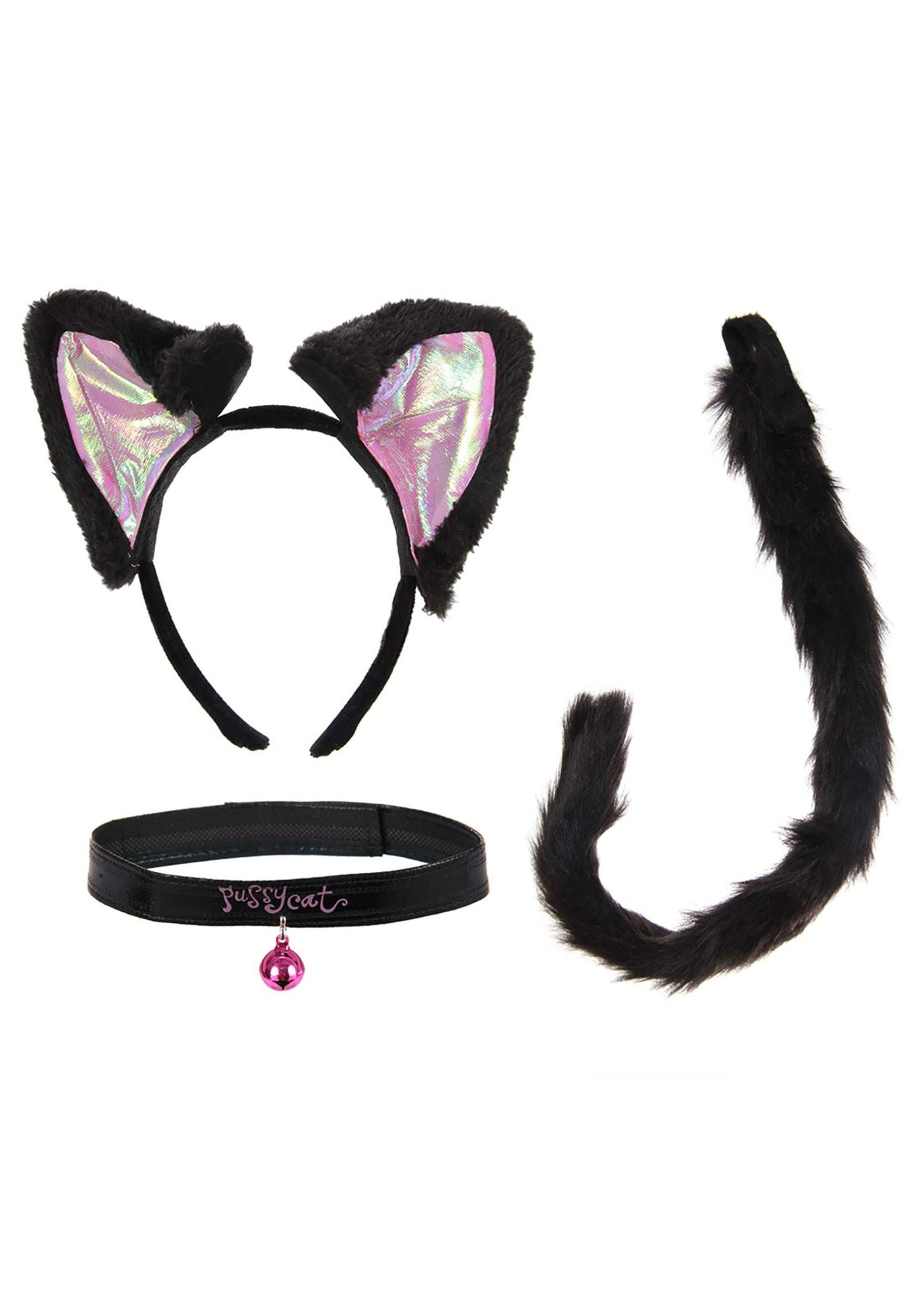 Cat Ears Collar Headband & Tail Kit Black & Pink