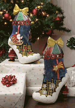 Fancy A Cuppa Black Tan Irregular Choice Christmas Boots Shoes Heels