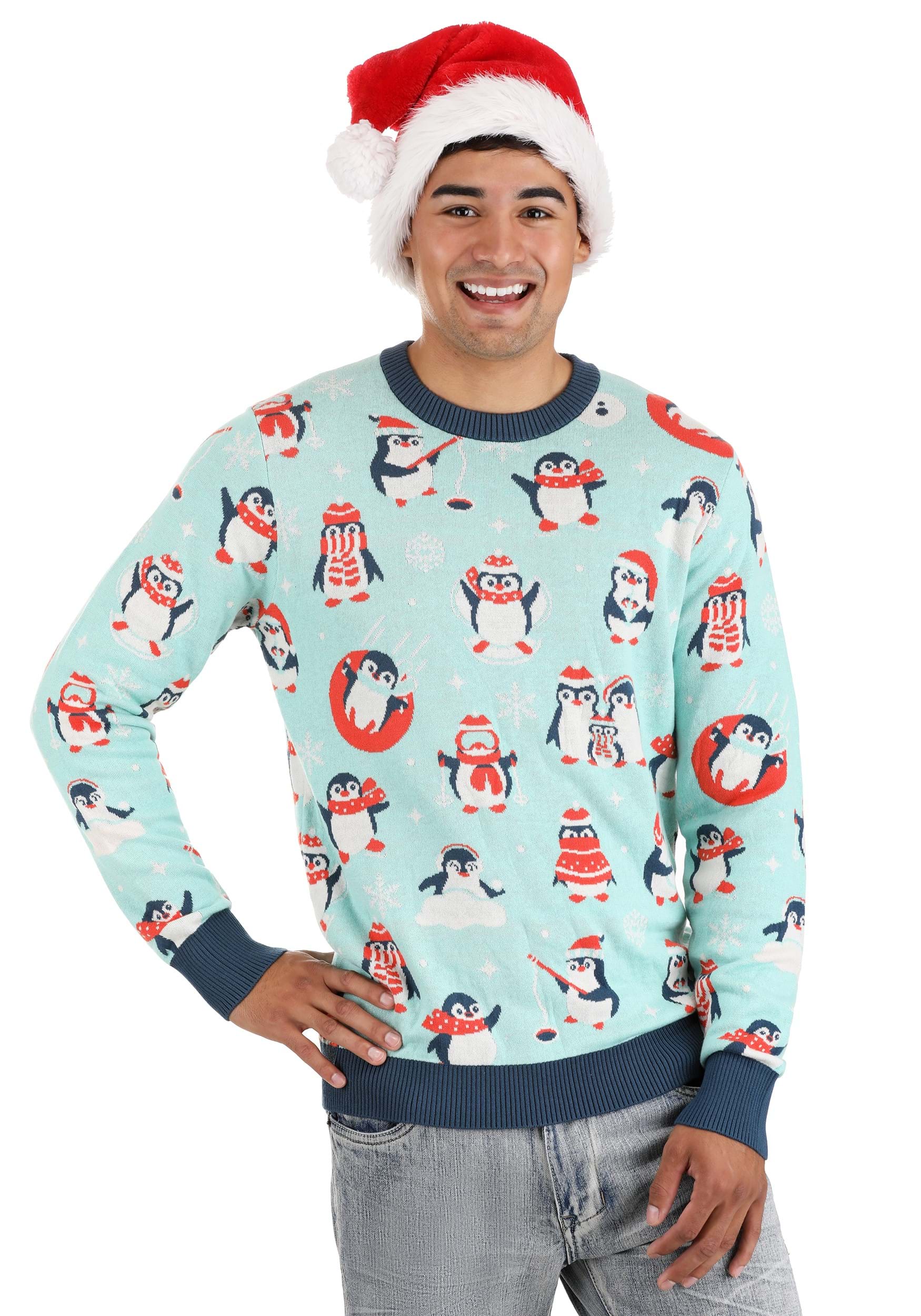 Adult Penguins Ugly Christmas Sweater | Adult | Unisex | Blue/Orange/Green | 3X | Fun Wear