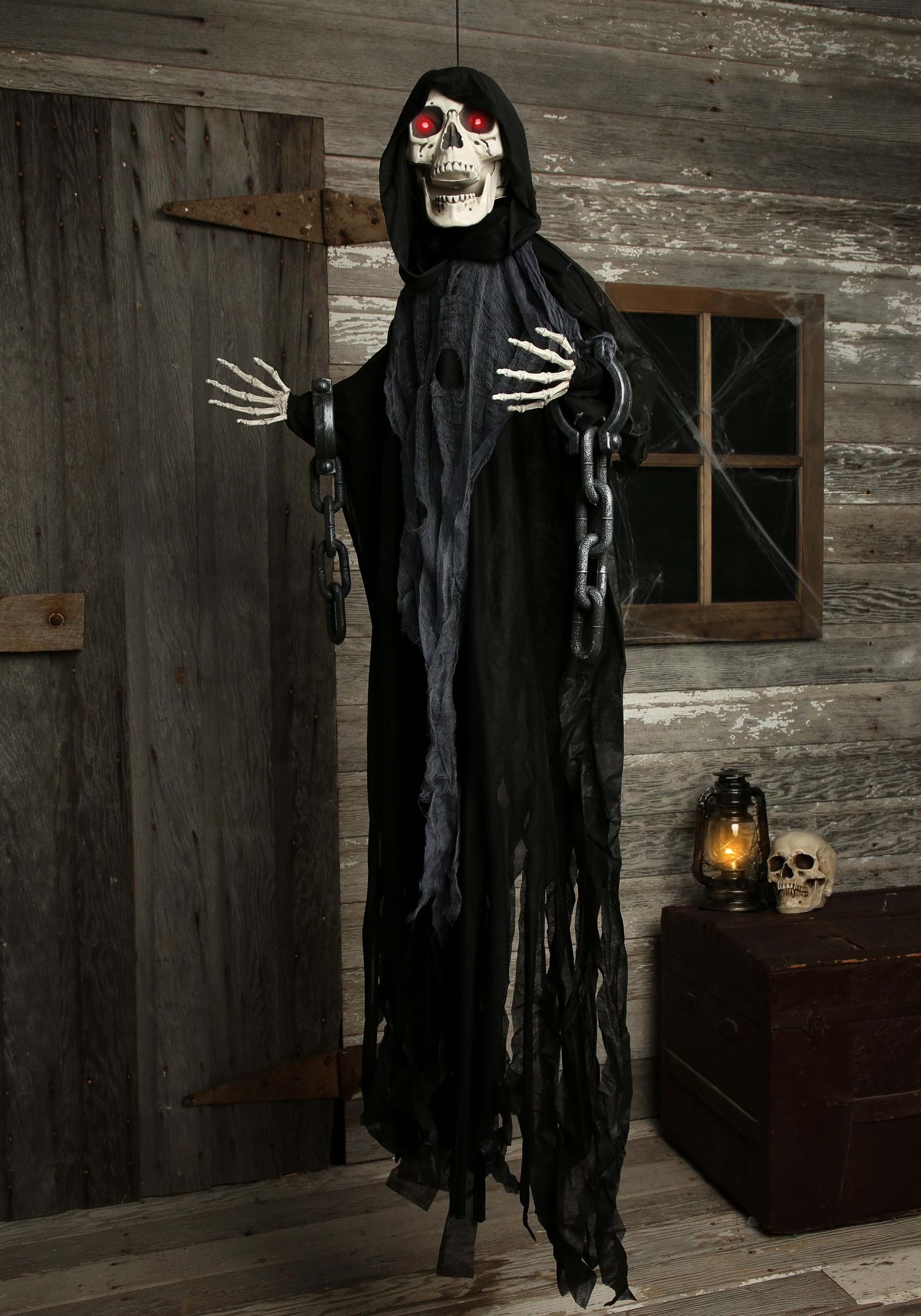 Hanging Animated Reaper In Chains Halloween Decoration
